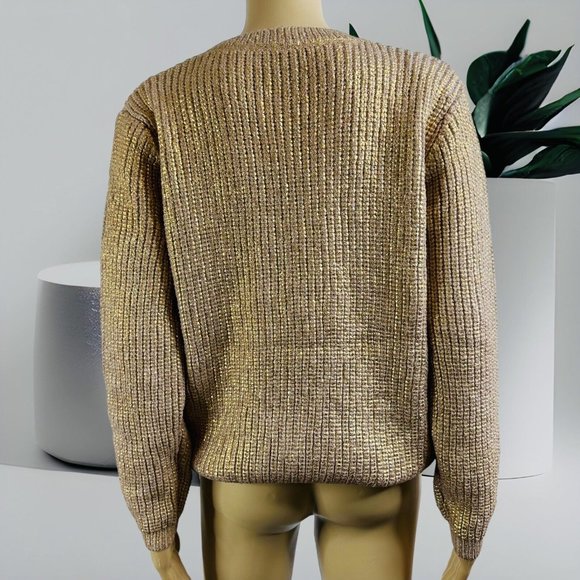 Women Pullover Sweater Gold Foil Knit Size XL Crew Neck Mid Length 1 - Picture 4 of 15